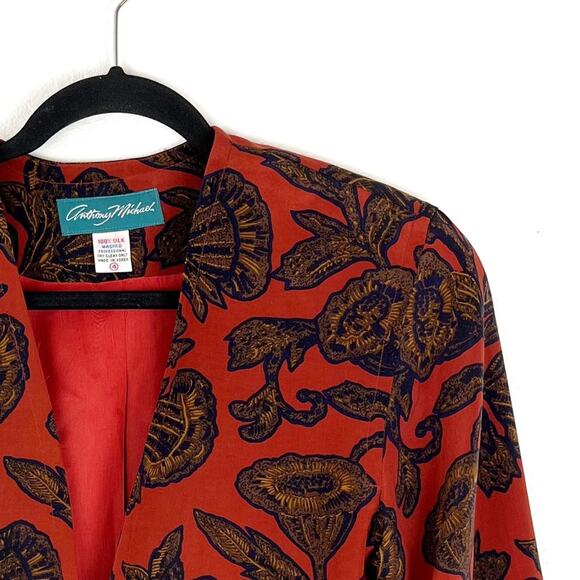 Vintage Anthony Michael Silk Bolero Jacket Red Gold Floral Cameo Button Cropped - Picture 3 of 8